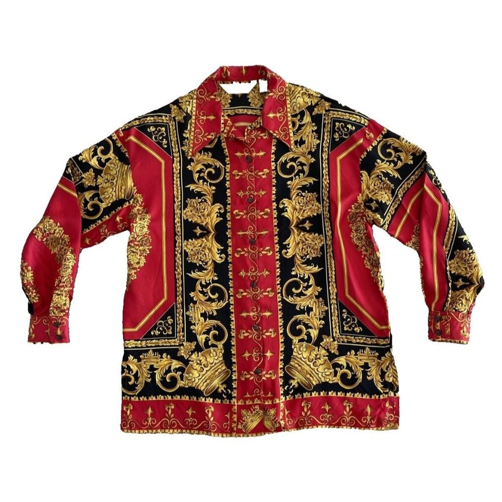 Vintage Unisex Greek Baroque Multicolor Print Express 100% Silk Shirt S/M RARE!
